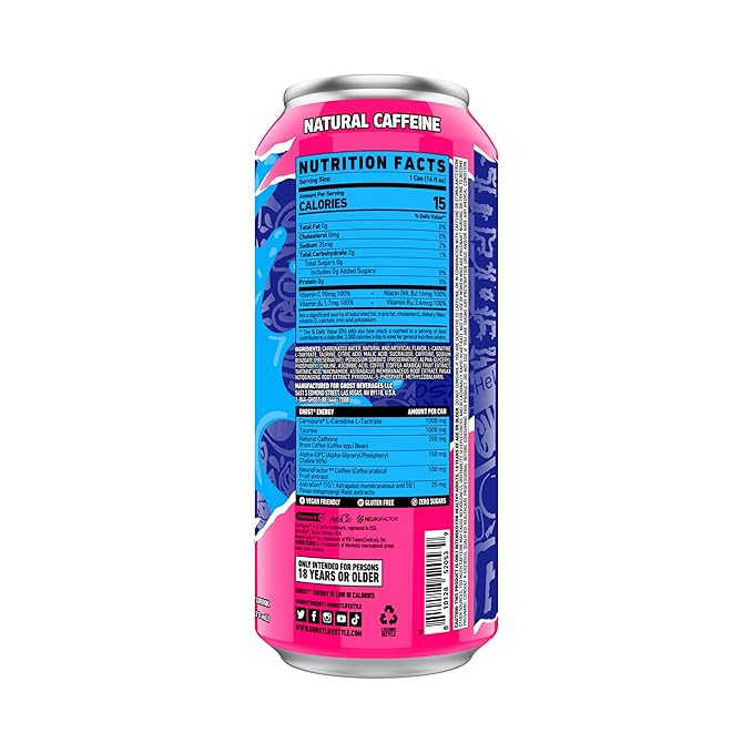 GHOST Energy Drink - 12-Pack, Bubblicious Cotton Candy, 16oz Cans - Energy & Focus & No Artificial Colors - 200mg of Natural Caffeine, L-Carnitine & Taurine - Gluten-Free & Vegan