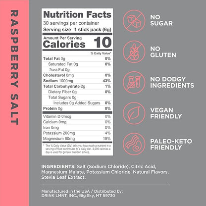 LMNT Zero Sugar Electrolytes - Raspberry Salt | Drink Mix | 30 Count