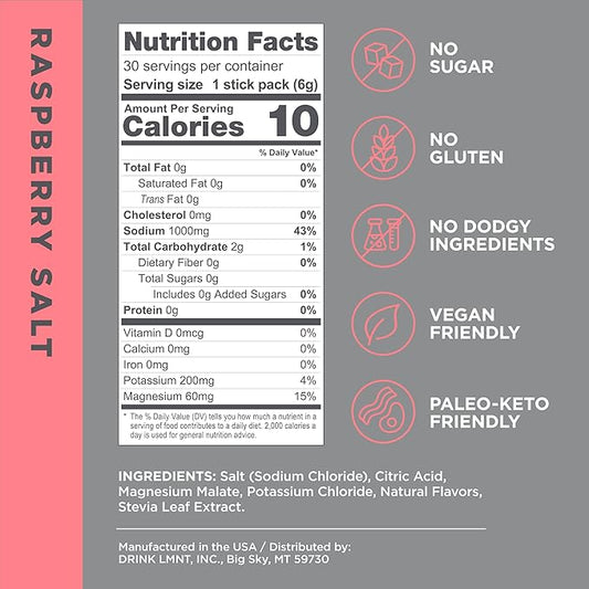 LMNT Zero Sugar Electrolytes - Raspberry Salt | Drink Mix | 30 Count