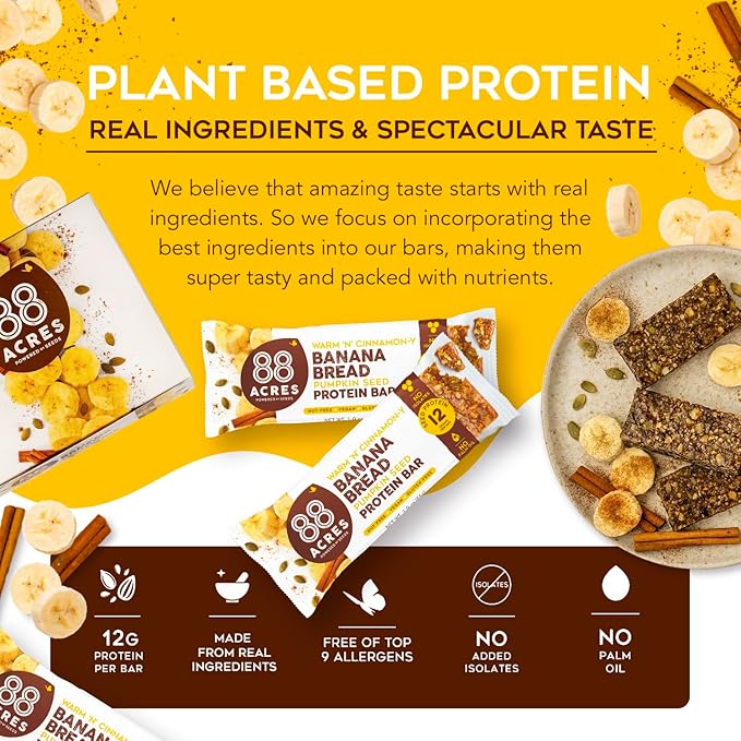88 Acres Plant Based Seed Protein Bar | 9 Pack, Banana Bread | 12g of Plant Based Protein, Gluten Free, Nut Free, Non GMO, School Safe, No Palm Oil