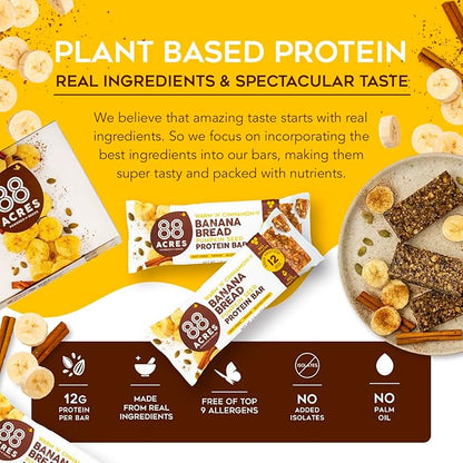 88 Acres Plant Based Seed Protein Bar | 9 Pack, Banana Bread | 12g of Plant Based Protein, Gluten Free, Nut Free, Non GMO, School Safe, No Palm Oil