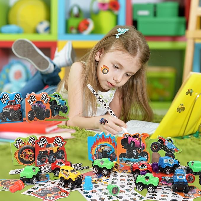 BenLouis 192Pcs Monster Truck Party Favors Truck Car Birthday Stampers Stickers School Stationery Set Bulk for Kids wheels party Race Car Themed Party Goodie Bag Stuffers Pinata Filler Supplies
