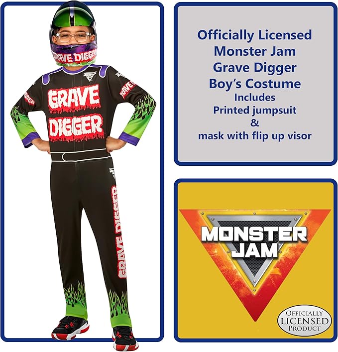 Rubie's Child's Monster Jam Grave Digger Costume Jumpsuit and Mask, As Shown