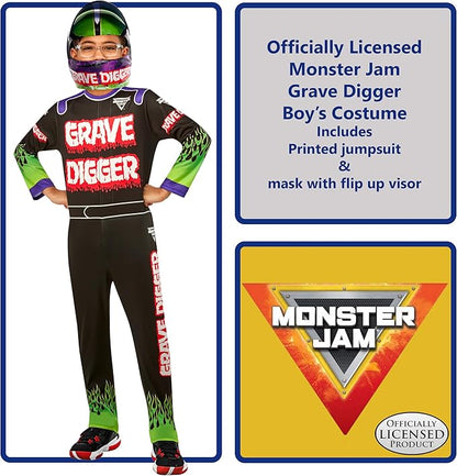 Rubie's Child's Monster Jam Grave Digger Costume Jumpsuit and Mask, As Shown