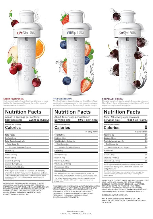 Cirkul 22oz. BPA-Free Plastic Water Bottle Starter Kit with Blue Lid, 3 Flavor Cartridges (1 LifeSip Fruit Punch, 1 FitSip Mixed Berry, 1 GoSip Black Cherry) Zero Calories and No Sugar
