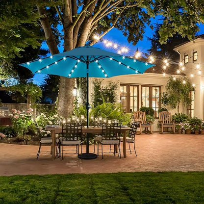Yaheetech 9FT Solar Powered Patio Umbrella - UV Protection Market Table Umbrella w/ 32 LED Lights & Push Button Tilt & Crank Lift System for Garden/Lawn/Deck/Backyard/Pool,Sky Blue