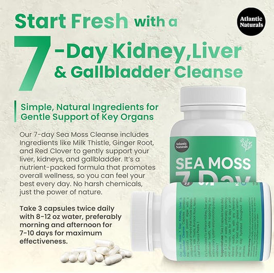 Atlantic Naturals Sea Moss 7 Day Detox Liver, Gallbladder & Kidney Cleanse Capsules- Support with Dandelion Root, Milk Thistle, Burdock Root, Red Clover, Chanca Piedra - 180 Sea Moss Capsules