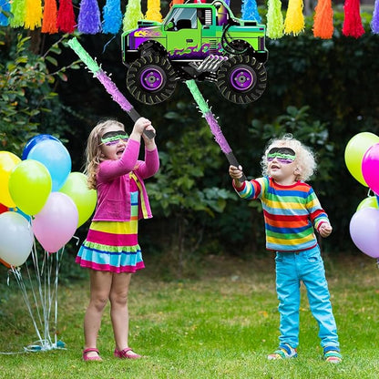 Threan Monster Truck Party Decorations Green and Purple Monster Truck Piñata Racing Car Piñata Game with Stick Blindfold for Adults Cool Birthday Party Decor Supplies