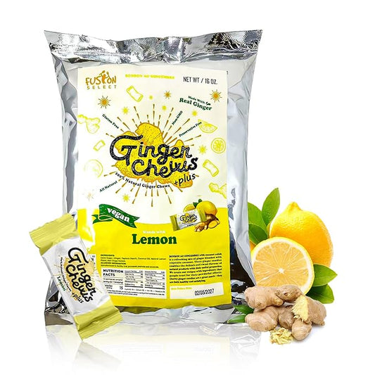Fusion Select 1Lb Lemon Ginger Chews - Sweet Soft Candied Delights From Indonesia - Promotes Relief From Morning Sickness, Upset Stomach - Made from Real Ginger Root, Non-GMO, Vegan Candy (1 Lb Lemon)