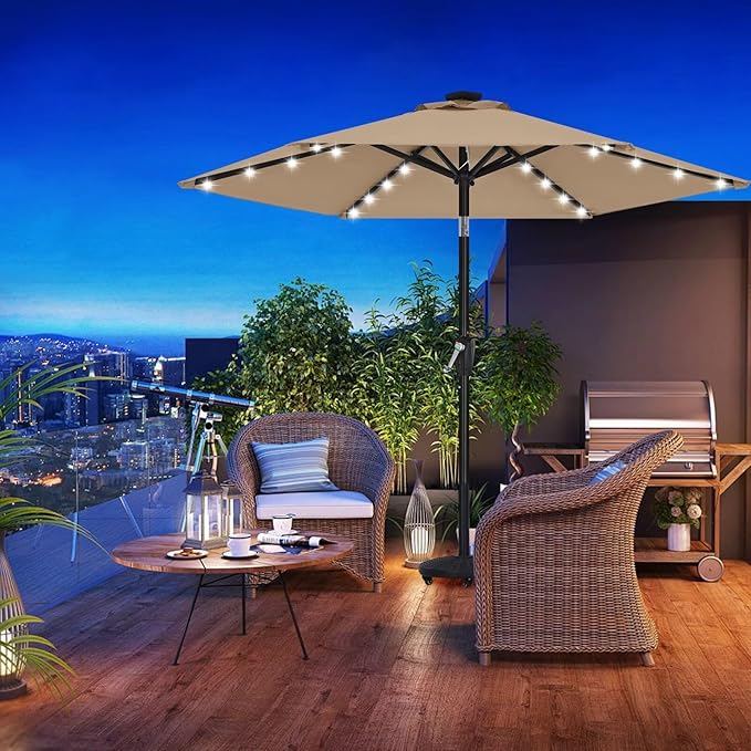 ABCCANOPY Durable Solar Led Patio Umbrellas with 24LED Lights 7.5FT with 6 Sturdy Ribs (Tan)