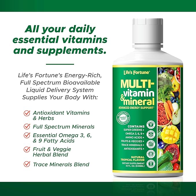 Life's Fortune Liquid Multivitamin, Tropical Flavor, Sugar Free, 32 oz – High Absorption Daily Vitamins for Adults Men & Women, Teens – Trace Minerals, Amino Acids, with Biotin, L-Arginine, Potassium