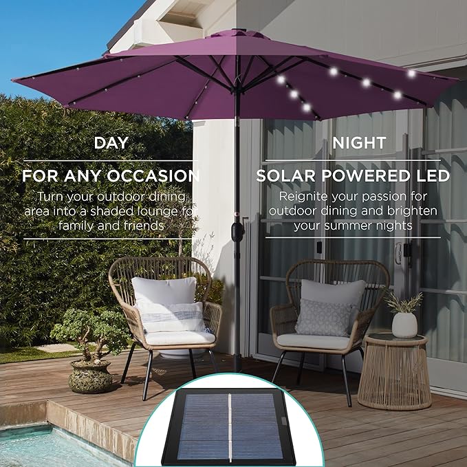 Best Choice Products 10ft Solar Polyester LED Lighted Patio Umbrella w/Tilt Adjustment and UV-Resistant Fabric - Amethyst Purple