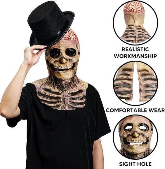 Spooktacular Creations 2PCS Halloween Skull Mask with Black Top Hat, Scary Full Head Skeleton, Creepy Realistic Biochemical Latex Mask for Men Women Kids Halloween Cosplay Costume Accessory