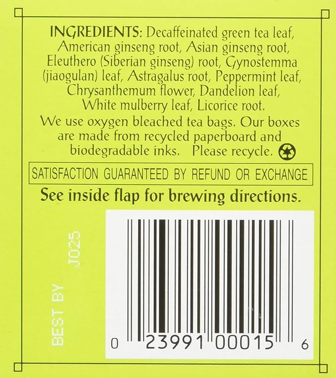 Triple Leaf Tea, Decaf Green Tea with Ginseng, 20 Tea Bags (Pack of 6)