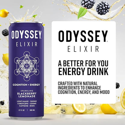 Odyssey Elixir Cognition + Sustainable Energy - Lion's Mane, Cordyceps, L Theanine, Ginseng & 85mg Green Tea Caffeine - 0 Added Sugar - No Jitters or Crash - Blackberry Lemonade - 12 Fl oz, 12 Pack
