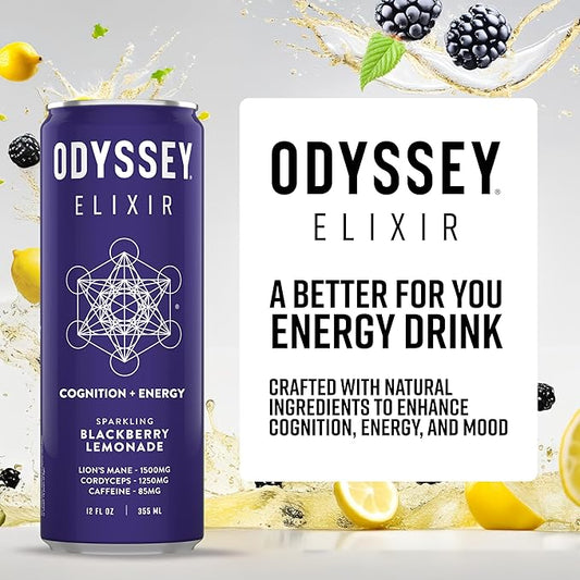 Odyssey Elixir Cognition + Sustainable Energy - Lion's Mane, Cordyceps, L Theanine, Ginseng & 85mg Green Tea Caffeine - 0 Added Sugar - No Jitters or Crash - Blackberry Lemonade - 12 Fl oz, 12 Pack