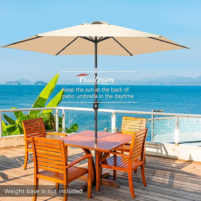 FRUITEAM Solar LED patio Ourdoor market umbrella with LED Lights,Tilt and Crank Table Umbrellas for Garden, Deck, Backyard and Pool(Beige)