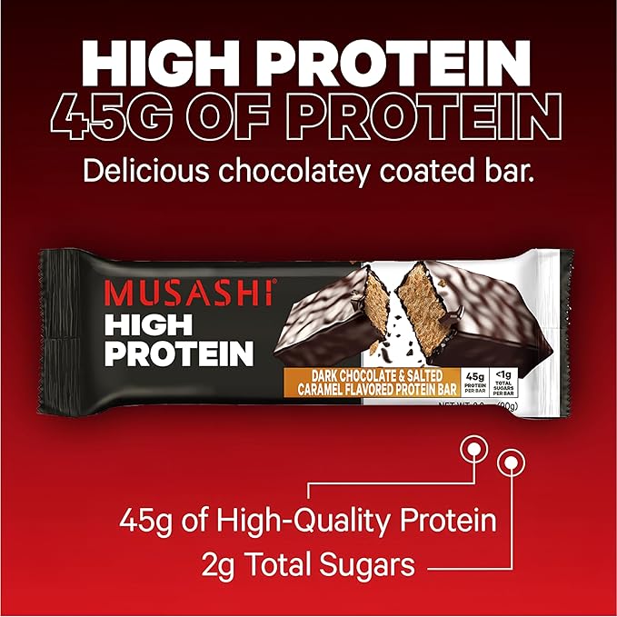 MUSASHI High Protein Bar, 45g Protein, <1g Total Sugars, Dark Chocolate & Salted Caramel, Post Workout and Protein Snack On The Go, 12 Pack of 3.2oz (90g) Bars