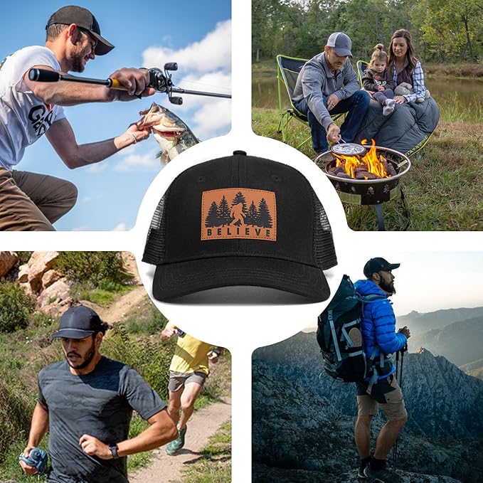 Mesh Bigfoot Hat Leather Cap for Men- Great Snapback Closure Sasquatch Hat for Hunting & Hiking