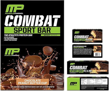MusclePharm Combat Sport Bar, Chocolate Peanut Butter Cup, High Protein Bars, Combat Cravings, Fuel Performance & Meet Energy Demands, 20g Protein from Whey Protein, 5g Fiber, Gluten Free, 12 Bars
