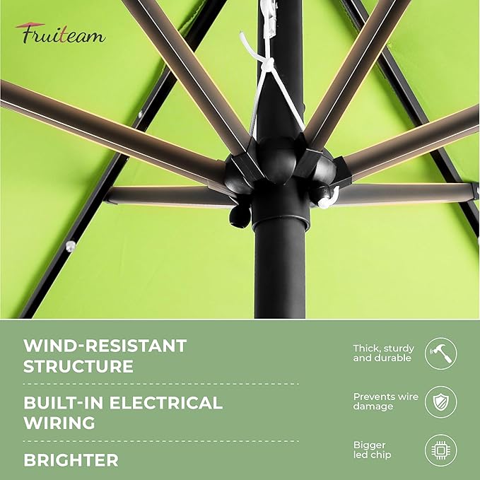 FRUITEAM Solar LED Lighted Patio Umbrella, 24 Lights Outdoor Table Umbrella w/Easy Tilt Adjustment, Straight-pole Umbrella Adjustment and Crank Lift System for Market, Garden, Deck, Pool (Lime Green)