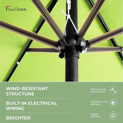 FRUITEAM Solar LED Lighted Patio Umbrella, 24 Lights Outdoor Table Umbrella w/Easy Tilt Adjustment, Straight-pole Umbrella Adjustment and Crank Lift System for Market, Garden, Deck, Pool (Lime Green)