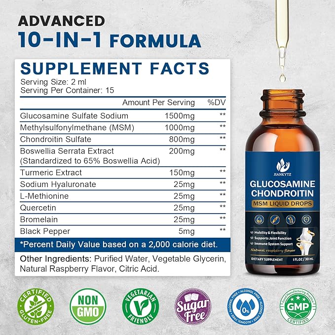 Glucosamine Chondroitin MSM Liquid Drops with Quercetin, Bromelain, Turmeric - Antioxidant, Immune Support, Support Joint Health Supplements for Men & Women, Vegan, Raspberry Flavor (2 Pack, 1 Fl Oz)