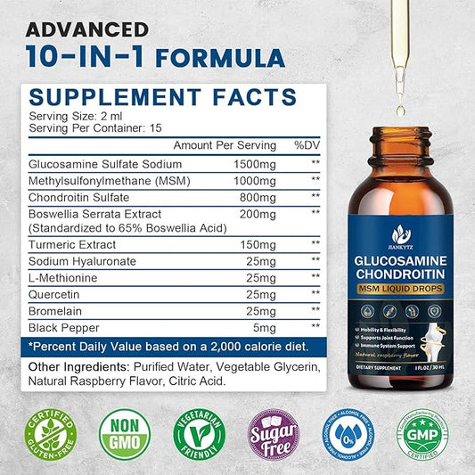 Glucosamine Chondroitin MSM Liquid Drops with Quercetin, Bromelain, Turmeric - Antioxidant, Immune Support, Support Joint Health Supplements for Men & Women, Vegan, Raspberry Flavor (2 Pack, 1 Fl Oz)