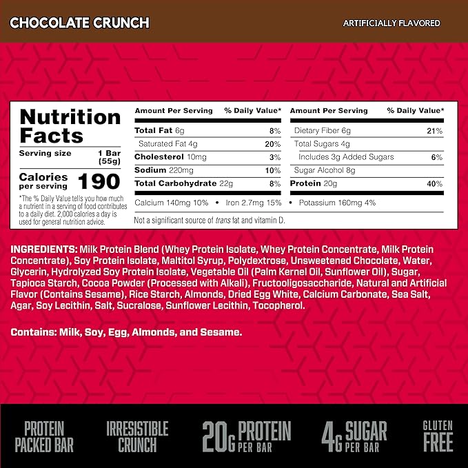 BSN Protein Crisp Bar, Protein Snack Bars, Crunch Bars with Whey Protein and Fiber, Gluten Free, Chocolate Crunch, 12 Count (Packaging May Vary)