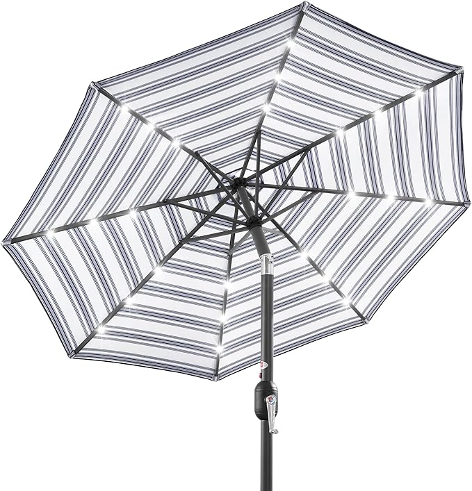 Best Choice Products 10ft Solar Polyester LED Lighted Patio Umbrella w/Tilt Adjustment and UV-Resistant Fabric - Striped Navy Blue