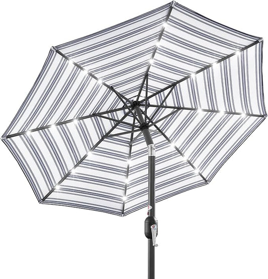 Best Choice Products 10ft Solar Polyester LED Lighted Patio Umbrella w/Tilt Adjustment and UV-Resistant Fabric - Striped Navy Blue