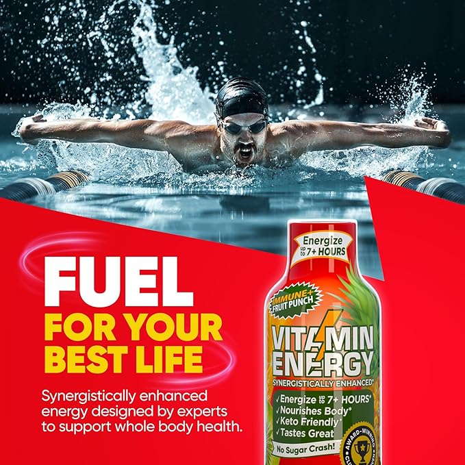 Vitamin Energy Immune+ Extra Strength Daily Energy Shot – Fruit Punch – 260mg Natural Caffeine, B-Vitamins, Green Tea, Citicoline – Immune & Focus Support – Zero Sugar, Vegan – 1.93 fl oz, 48-Pack
