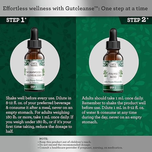 GuruNanda Gutcleanse 2-Step Kit - Dietary Supplement to Help with Digestion - Blend of Fulvic Acid, Wormwood, Clove & Neem Extract, 2x1 FlOz
