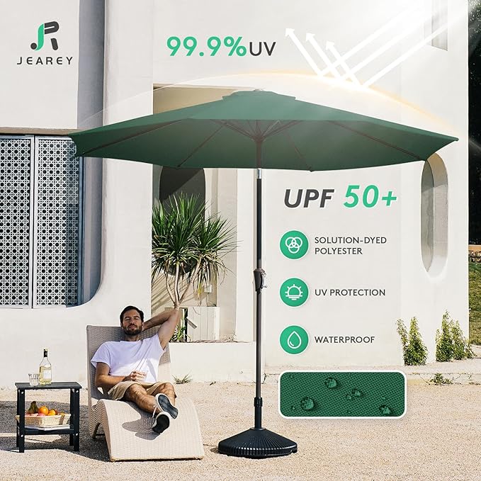 JEAREY 10FT Outdoor Patio Umbrella Outdoor Table Umbrella with Push Button Tilt and Crank, Market Umbrella 8 Sturdy Ribs UV Protection Waterproof for Pool, Garden (Dark Green)
