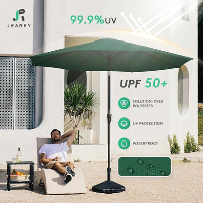 JEAREY 10FT Outdoor Patio Umbrella Outdoor Table Umbrella with Push Button Tilt and Crank, Market Umbrella 8 Sturdy Ribs UV Protection Waterproof for Pool, Garden (Dark Green)