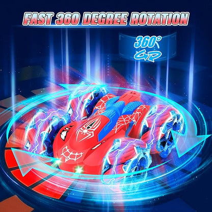 Remote Control Car 2.4Ghz RC Cars with LED Lights Double Sided Off-Road 360°Rotating Roll RC Cars Rechargeable 4WD RC Stunt Car Indoor Outdoor Toys for Boys Girls 6-13 (Red)