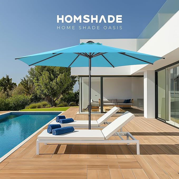 9ft Outdoor Patio Umbrella - UPF50+ UV Protection Market Patio Table Umbrella with Push Button Tilt, Crank and 8 Sturdy Ribs for Pool Deck and Garden (Light Blue, No base)