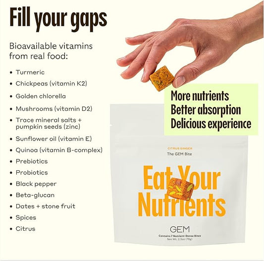 GEM Bite Daily Multivitamin for Women & Men | Citrus Ginger | Supports Gut, Skin, Brain, Bone, & Immunity | 20+ Vitamins & Minerals | 28 Serving