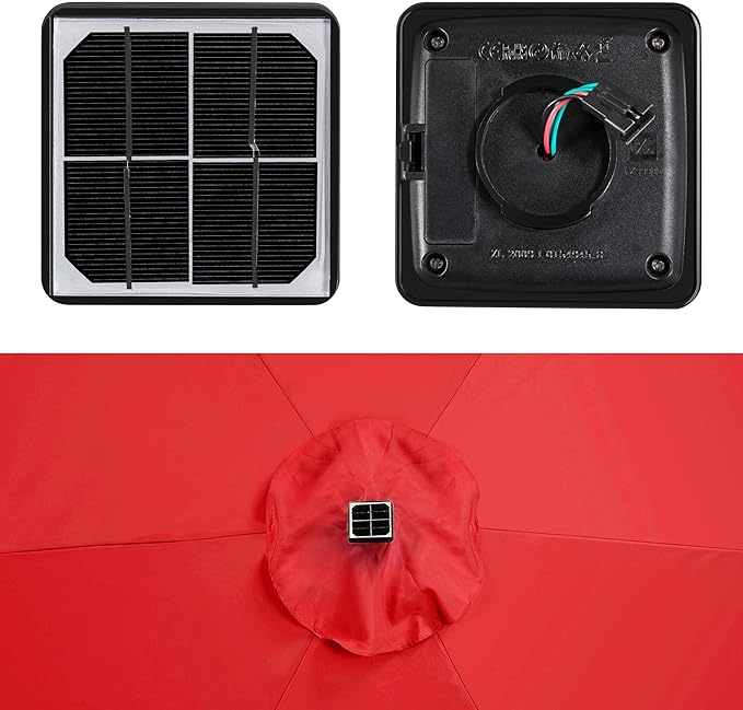 Yaheetech 7.5FT Solar Powered Patio Umbrella - UV Protection Market Table Umbrella w/18 LED Lights & Push Button Tilt & Crank Lift System for Garden/Lawn/Deck/Backyard/Pool,Red