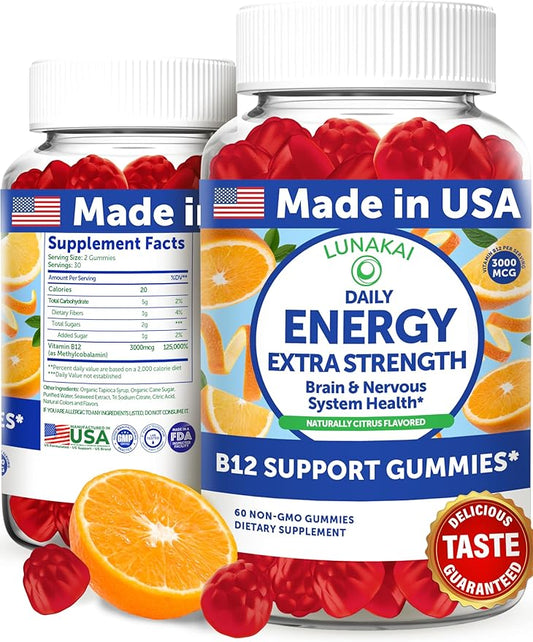 Lunakai Energy Gummies – USA Made Natural Energy Supplements – Vegan Vitamin B12 Gummies for Women & Men – Delicious Methyl B12 3000 mcg, 60ct