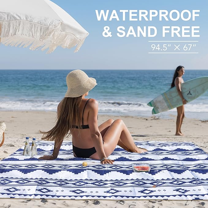 AMMSUN Boho Fringe Umbrella with Outdoor Blanket, 6.5ft UPF50+ Picnic Umbrella with Tassels with Steel Pole & Push Button Tilt, Antique White