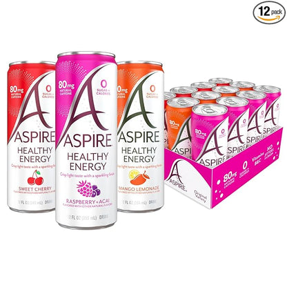 ASPIRE® Classics Variety Pack Healthy Energy Drinks Variety 12 Pack - Sugar Free, Natural Caffeine Low Caffeine Sparkling Drink - Keto Friendly - Refreshing Sparkling Boost