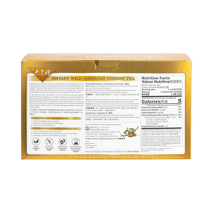 Prince of Peace Instant Wild American Ginseng Tea, 80 Sachets – Healthy Drink, Caffeine-Free Energy-Boosting, Heavy Antioxidants, Plant Extract