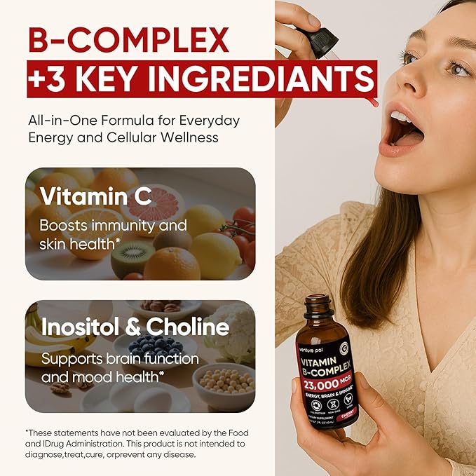 Venture Pal Vitamin B Complex with 11-in-1 Formula for Men & Women, B12 Methylcobalamin | B9 Folic | B1,B2,B3,B5,B6,B7- Vitamin C, Choline,Inositol-Immune & Energy Metabolism, Brain & Heart Support
