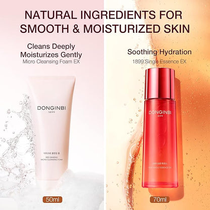 DONGINBI 1899 Single Essence EX 70ml & Cleansing Foam 50ml Special Set - Anti-Aging face essence with Korean Red Ginseng for Radiance and Repair