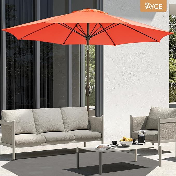 Ayge 9FT Large Outdoor Patio Umbrella Market Table Umbrella-UV Resistant, Easy Push Button Tilt and Crank, 8 Sturdy Fiberglass Ribs Heavy-Duty Pool Umbrella for Deck, Backyard,Garden