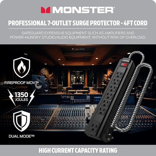 Monster Pro MI Professional Surge Protector Power Strip with Fireproof MOV Technology for Computers, Amplifiers, Pedal Boards, and Pro Audio Gear, 1350 Joule, 4 ft Cord, 7 Outlet Power Strips