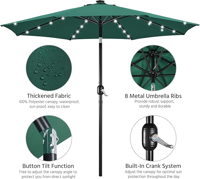 Yaheetech 10FT LED Lighted Patio Umbrella, Outdoor Solar Table Umbrella with 8 Ribs/Tilt Adjustment and Crank Lift System for Garden/Deck/Pool, Dark Green