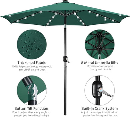 Yaheetech 10FT LED Lighted Patio Umbrella, Outdoor Solar Table Umbrella with 8 Ribs/Tilt Adjustment and Crank Lift System for Garden/Deck/Pool, Dark Green