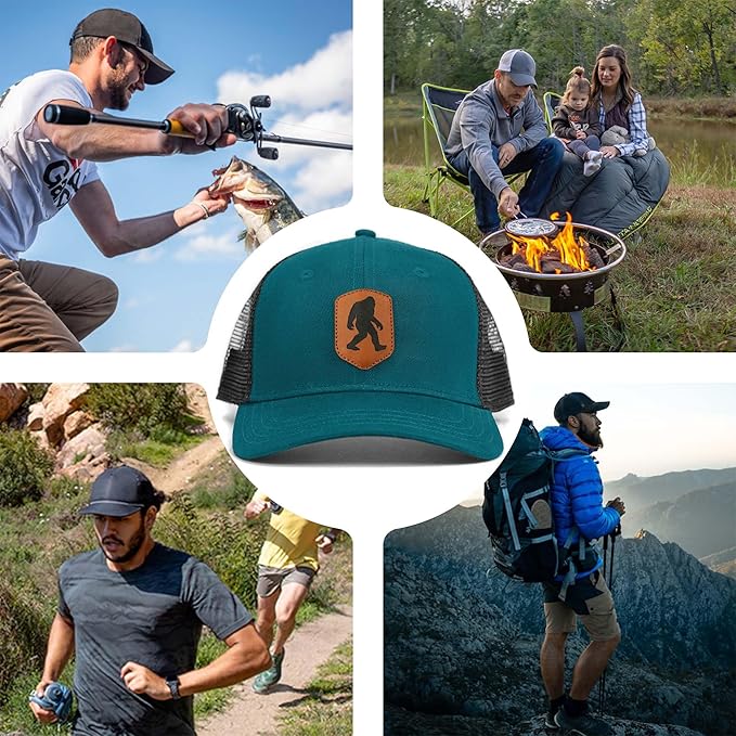 Mesh Bigfoot Hat Leather Cap for Men- Great Snapback Closure Sasquatch Hat for Hunting & Hiking